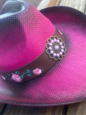 Women's Pink Embroidered Western Hat with Decorative Concho